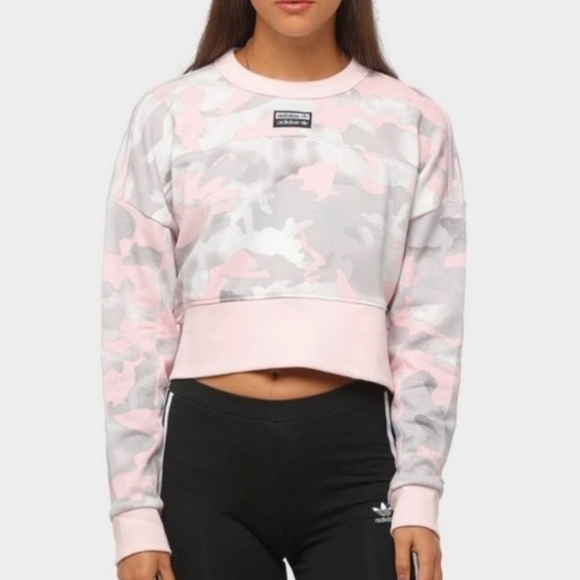 ADIDAS Orginal Camo Cropped Sweatshirt  Sweater Pink Gray Size Small - Picture 2 of 10